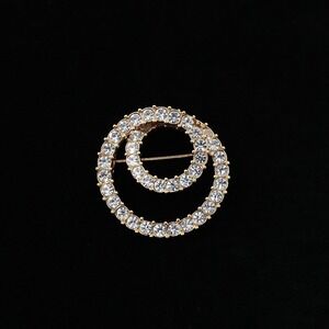Vintage Swarovski SAL Double Circle Brooch Gold Tone Clear Rhinestones Sparkling